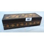 A late Victorian Tunbridge ware glove box with geometric pattern to lid, bearing label to base for