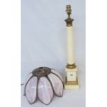 A painted wood column pattern table lamp and Tiffany style shade