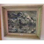 A 20th Century framed oil on canvas abstract in grey and blue palette