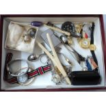 A box containing a quantity of collectables including hat pins, watches, spoons, compass,