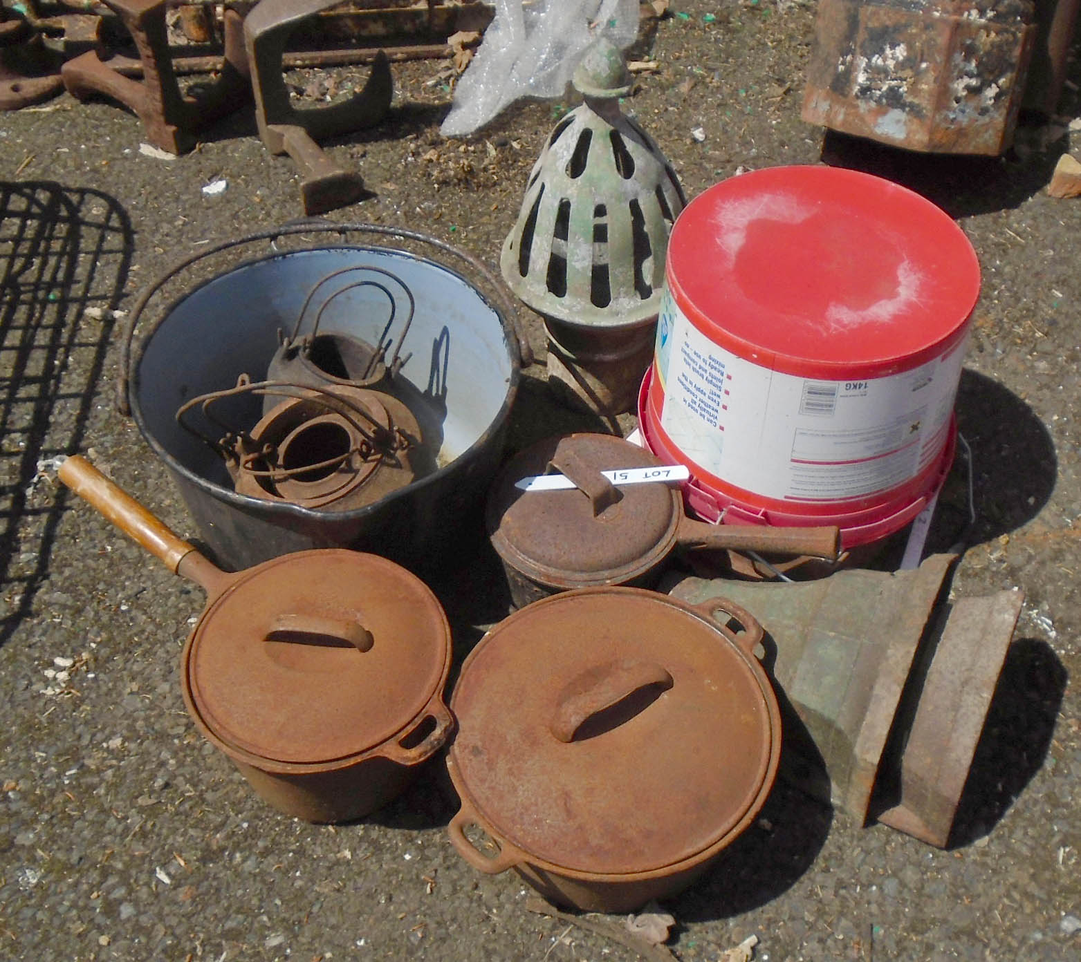 A quantity of assorted iron pans and glue pots - sold with two blow torches, enamelled pail, lead