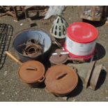 A quantity of assorted iron pans and glue pots - sold with two blow torches, enamelled pail, lead