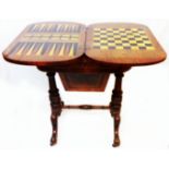 A Victorian quarter veneered walnut games/work table with fold over swivel top, fitted drawer, and