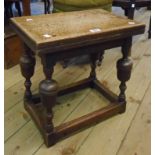 A pair of 18" oak joint stool style low tables, set on bulbous turned supports and moulded