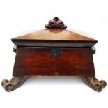 A 19" 19th Century rosewood twin compartment tea caddy with carved knop to lid enclosing two pull-