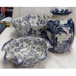 A modern blue and white punch bowl with scalloped design and a handkerchief bowl similar - sold with