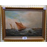 A gilt framed oil on canvas marine painting with various sailing vessels off the coast on choppy