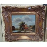 P.Guillaume: an ornate swept gilt framed oil painting on wooden panel, depicting figures