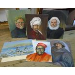 Six unframed paintings on board and paper including portraiture, birds and winter landscape -