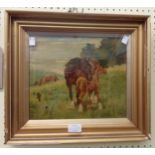 GDR: a gilt framed oil on board, depicting a mare and foal with other horses in background - 9 1/