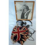 Two Second World War period wireless headsets - sold with some Union Jack bunting and a framed