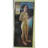 Piran Bishop: an unframed oil on canvas study of a standing nude female figure - signed - 23 1/2"