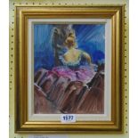 Lesley Fotherby: a modern gilt framed oil on board, entitled "Dancer in the Stalls - Ballet Central"