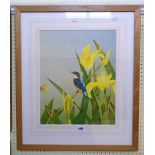 John R. Morris: a framed mixed media study of a kingfisher perching on flowering iris - signed and