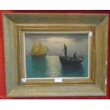 A gilt framed 20th Century oil on board, depicting figures fishing from a rowing boat with further