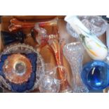 A box containing a quantity of glassware including carnival glass, vases, etc.