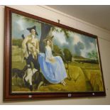 A polished wood framed reproduction oil on canvas, depicting male and female figures beneath a