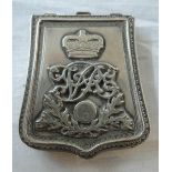 A mid 19th Century Indian white metal snuff in the form of a sabretache of the 24th Hussars with