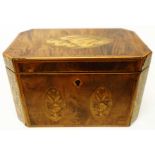 A 7 1/2" late Georgian inlaid fruitwood and satin wood strung twin compartment tea caddy with