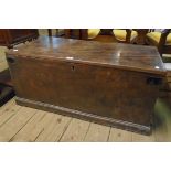 A 3' 3" antique elm lift-top box with later iron bound corners, internal candle box (a/f) and