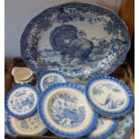 A collection of blue and white dinnerware including meat plates, etc.