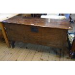 A 3' 8" 18th Century stained oak four plank coffer with simple incised decoration to front, original