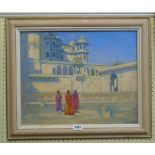 Shirley Hitch: a framed oil on board depicting ladies in traditional dress in India with buildings