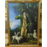 A gilt framed reproduction oil on canvas, depicting a 19th Century huntsman with gun and three dogs