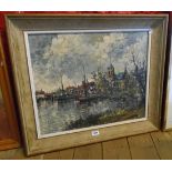 A framed 20th Century oil on canvas, depicting a harbour scene with buildings and moored Dutch style