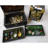 A leather clad tray fitted jewellery box with costume jewellery contents - sold with a modern