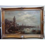 G. Closson: an ornate gilt framed oil on canvas, depicting a Dutch harbour scene with various