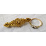 A 15ct. gold gem set bar brooch - sold with a damaged unmarked ring
