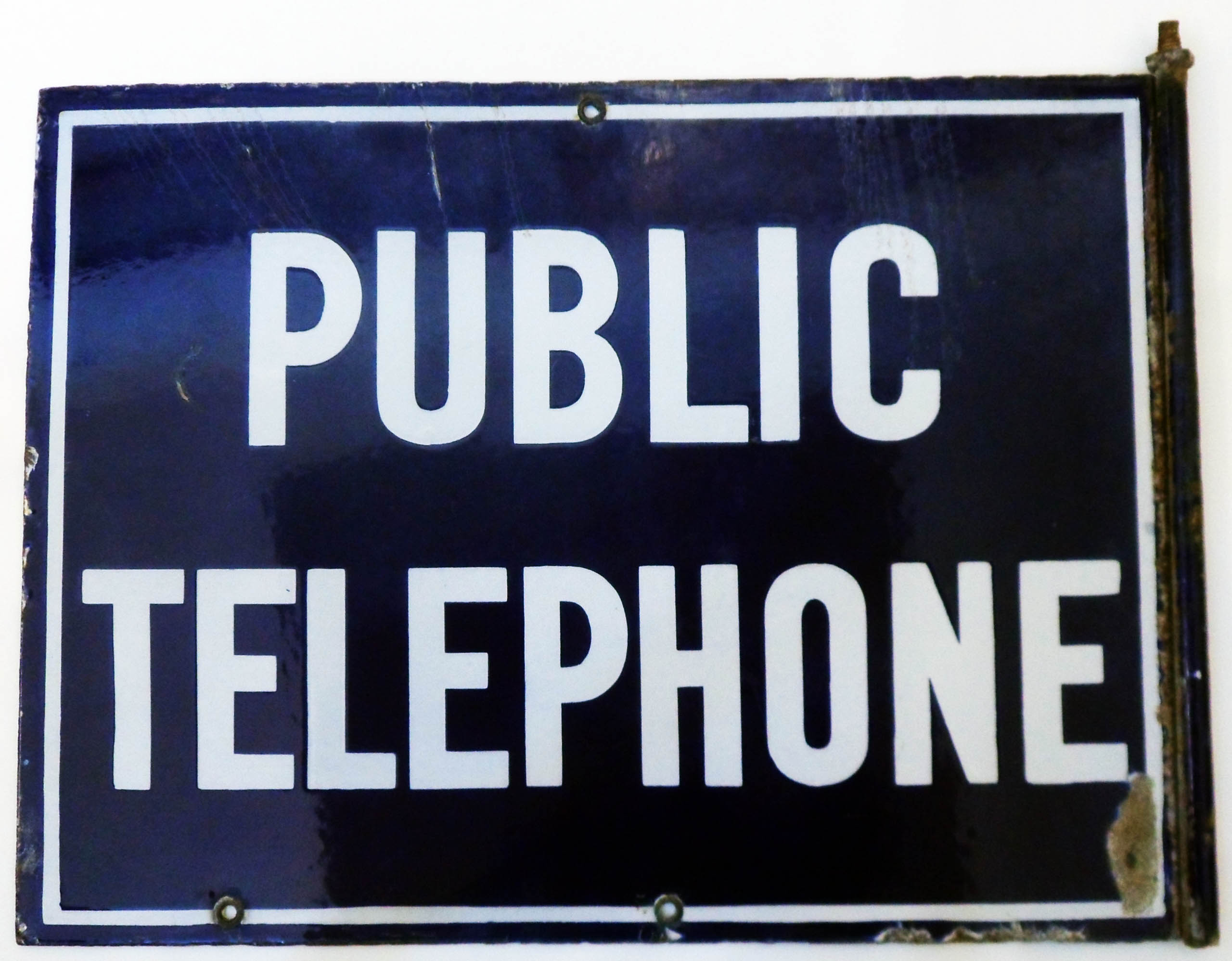 An early-mid 20th Century double sided blue enamel Public Telephone sign with original bracket