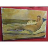 A stretchered oil on canvas study of a reclining nude female figure - 30" X 3' 10"