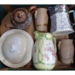 A box containing a Royal Doulton teapot (a/f), jug, vases, heated dish, etc.