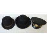 A wide-brimmed bowler hat and standard bowler - sold with a 1980's Russian Navy peaked cap