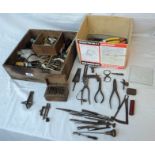 Two boxes of vintage watchmaker's tools, equipment, movements, parts, etc.