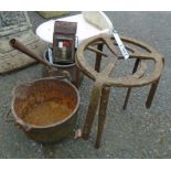 A railway lamp (a/f) - sold with a cast iron pan, cauldron, trivets, etc.