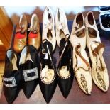 A collection of vintage ladies decorative evening shoes including leather Mary Janes, etc.