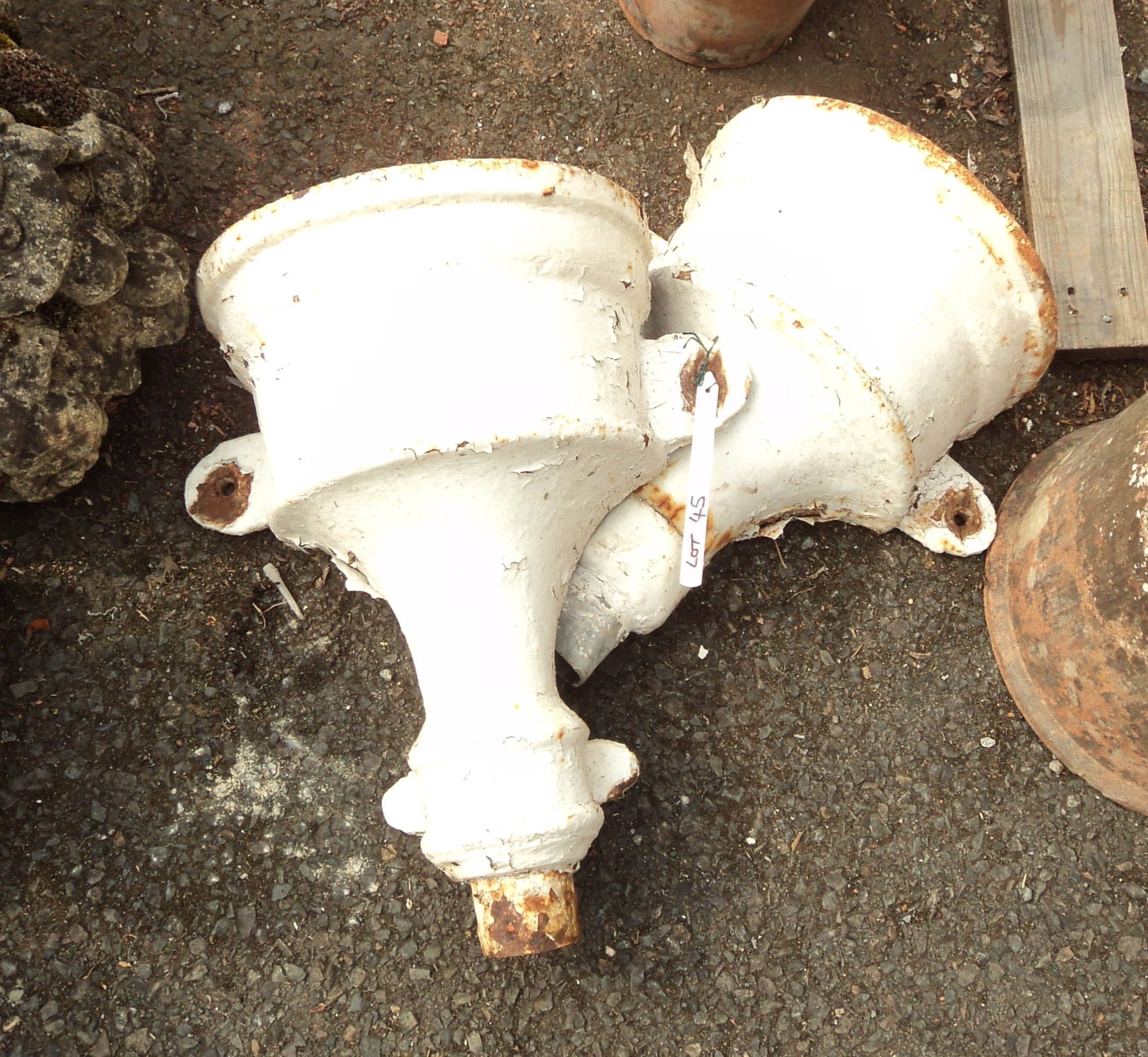 A pair of 12 1/2" cast iron hopper heads