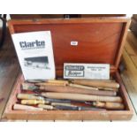 A wooden case containing various chisels including Marples and Stanley Bridges, etc.