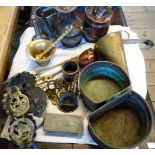 Various items of metalware including funnel, horse brasses, toasting fork, etc.