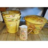 Five items of decoupage ware including bucket and jug