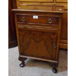 A 17" Burton Reproductions Ltd. walnut and cross banded bedside cabinet with drawer, slide and