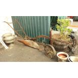 A 10' 4" antique wrought iron horse drawn plough - a/f