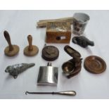 A box containing a quantity of collectable items including a silver handled button hook, a steel