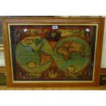 Two reproduction maple framed pictures on glass, depicting twin hemisphere maps of the world after