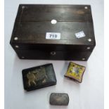 A workbox containing a Tartanware snuff box, an Oriental papier-mâché trinket box and a French