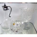 A cut glass claret jug, pedestal vase and rose bowl