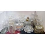 A collection of antique and later cut glassware including a pair of scent bottles, hobnail pot,